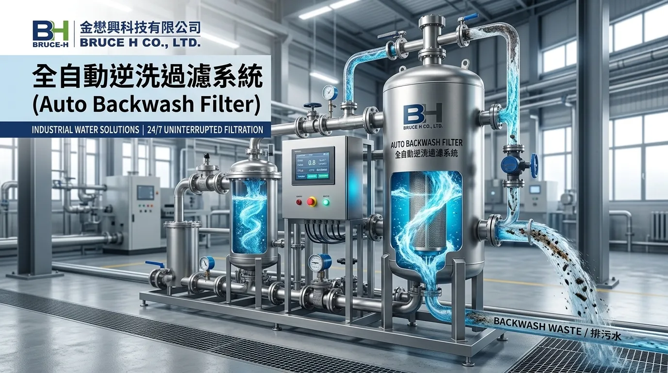 金懋興科技全自動逆洗過濾系統 (Auto Backwash Filter) 工業水處理與自動排污示意圖