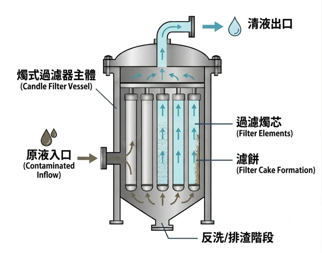 燭式過濾器內部結構與運作原理示意圖:包含原液入口、燭芯、清液出口與排渣階段