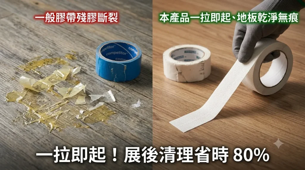 展場地毯固定雙面膠對比:一般膠帶殘膠斷裂與棉質雙面膠帶一拉即起無痕對照