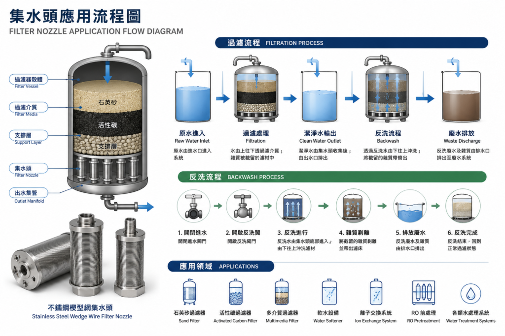 不鏽鋼楔型網集水頭(Filter Nozzle)應用於石英砂過濾器、水處理設備及反洗流程示意圖